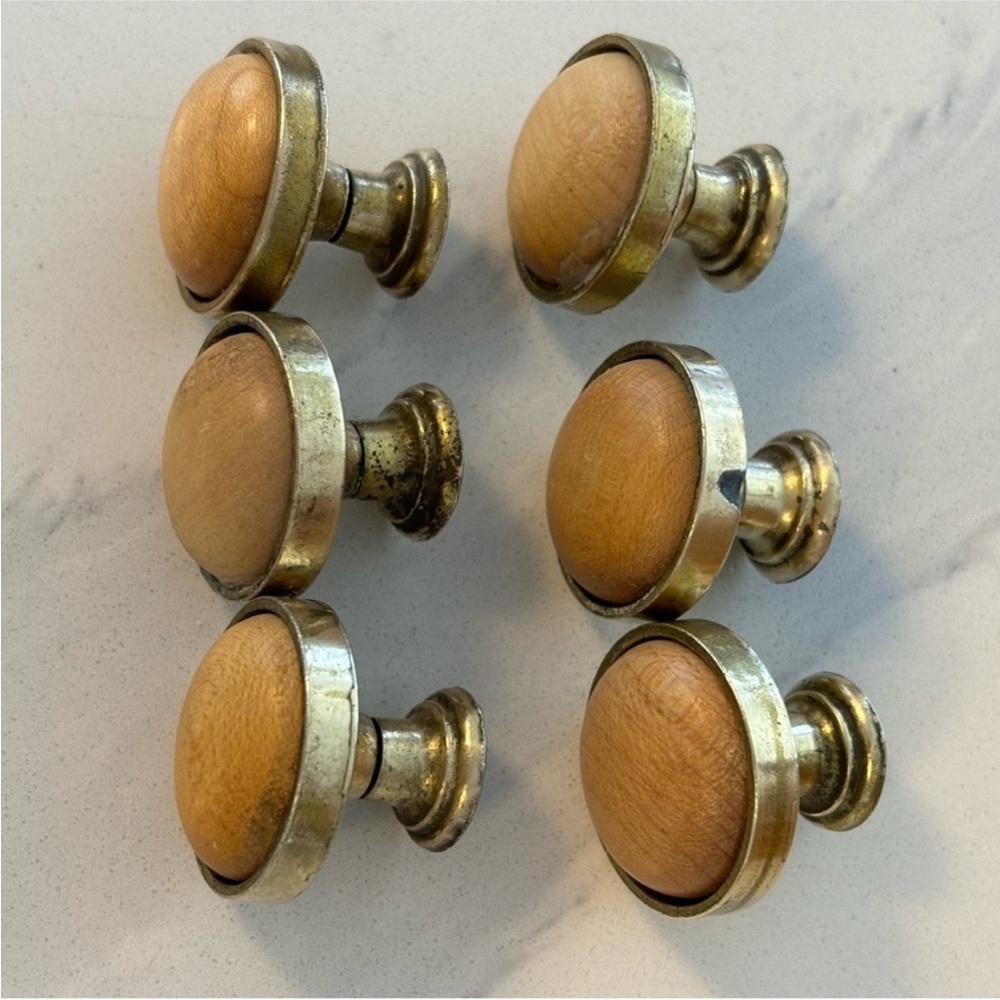 SET of SIX brass and wood drawer knobs pulls round handles brass wood inset knob - Picture 9 of 12